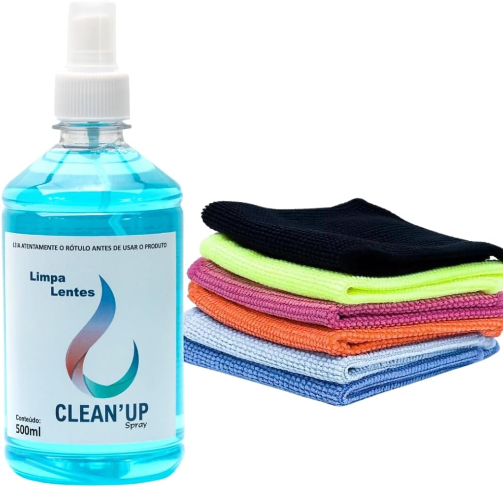 KIT LIMPA LENTES 500 ML E 5 FLANELAS MICROFIBRA LIMPEZA DE TELAS CELULAR ÓCULOS COMPUTADOR RELOGIO