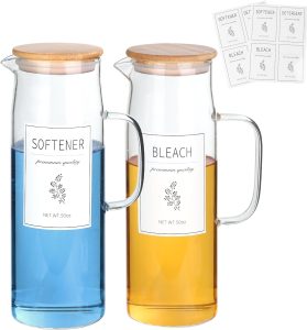 KitHero Conjunto de dispensador de detergente para roupas com tampas e alças de bambu - Easy Pour 2 pacotes de recipientes líquidos de 1,5 l para lavanderia e armazenamento