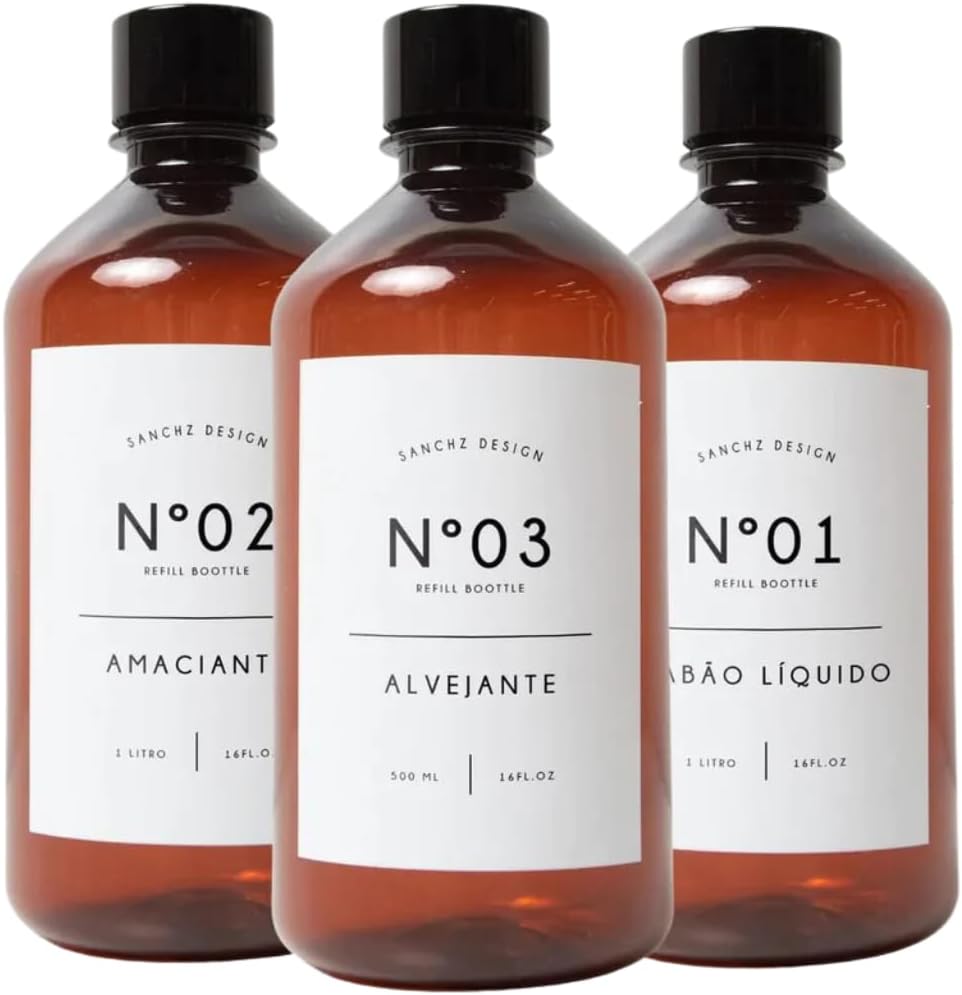 Kit Lavanderia Retrô 1L Frasco Âmbar Amaciante Alvejante Sabão Líquido Casa Apartamento Bancada