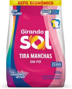 Tira Manchas Em Pó Sem Cloro Sachê Girando Sol 400G, Sabão Em Pó Tira Manchas, Rosa, Poderoso Contra As Manchas Mais Difíceis, Branco Mais Branco, Colorido Mais Vivo, Sua Casa Merece O Melhor Cuidado