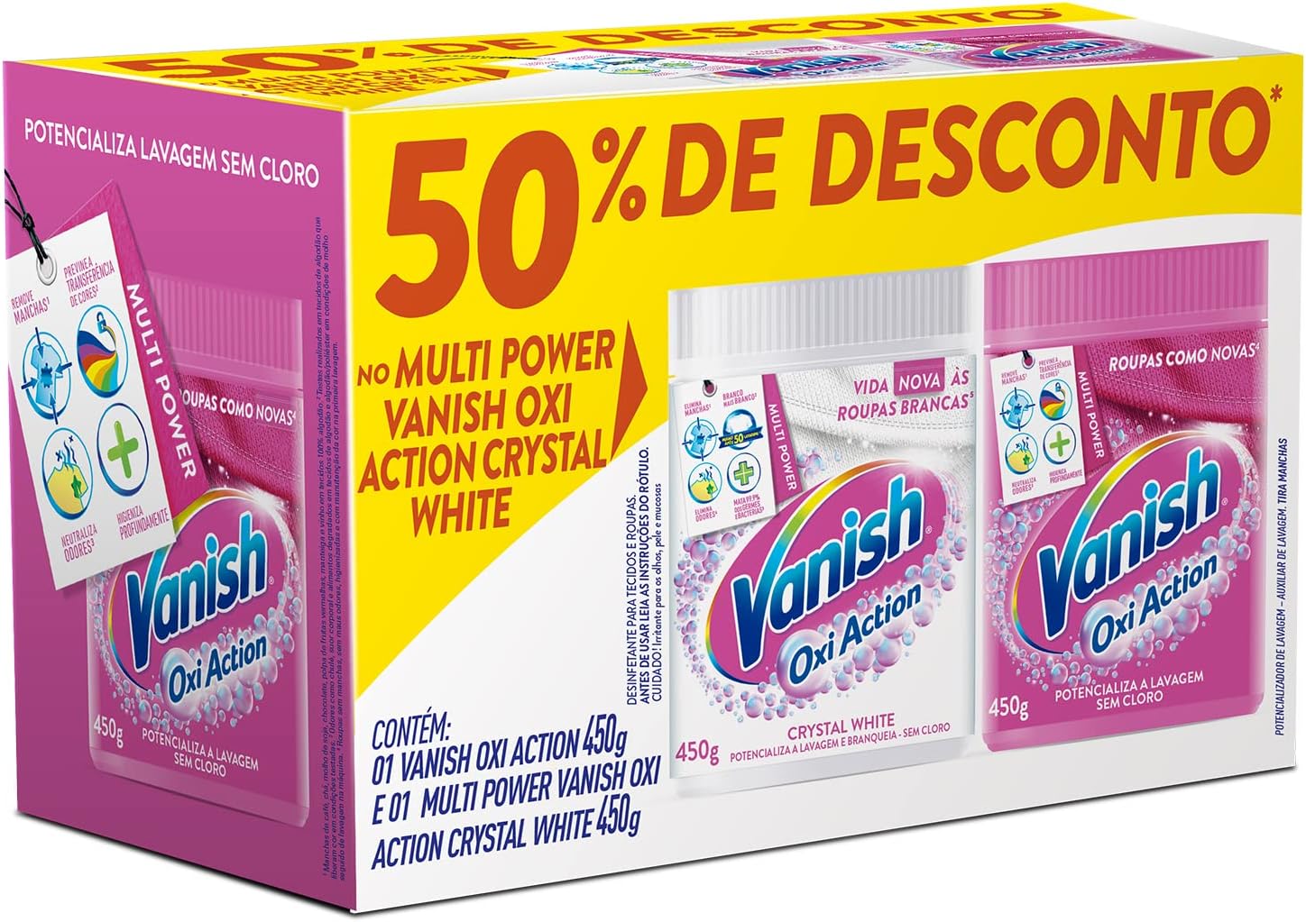 Tira Manchas Vanish em Pó Oxi Action para roupas brancas e roupas coloridas - 2 unidades de 450g
