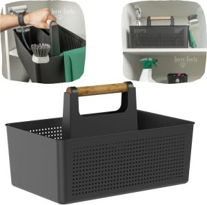 Cesto Organizador Multiuso Balaio De Limpeza Lavanderia Com Alça De Bambu (Preto)