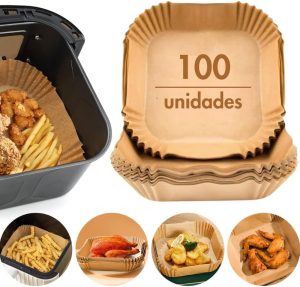 Genérico Kit 100 Formas De Papel Descartável Quadrada Antiaderente Premium Protetor à Prova De Gordura Para Fritadeira Sem Óleo Tamanho Universal Compatível com Todas Fritadeiras Air Fryer