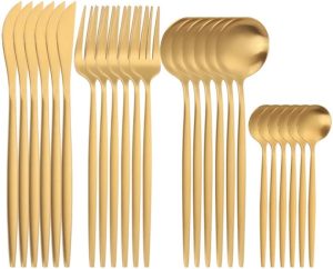Jogos de Talheres Aço inoxidável 24 Peças Com Garfo Colher Faca e Colher de Café (24pcs Dourado)