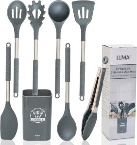LUMAI Kit 8 Utensílios de Cozinha Grandes em Silicone e Aço Inox, Resistentes ao Calor, Antiderrapantes e Antirriscos, Acessórios de Cozinha Inclui Espátula, Colher, Pegador de Massa, Concha – Cinza