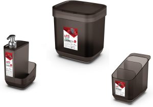 Ordene - Conjunto de Pia Com Lixeira de 3 Litros, Escorredor de Talheres e Porta de Detergente, Cor Fumê, Linha Utti