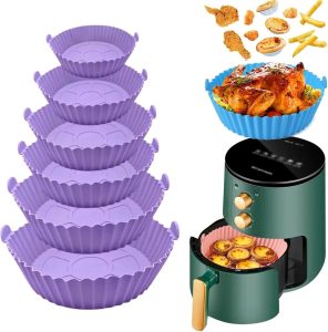 Kit Com 6 Formas de Silicone Reutilizável Cesta Redonda de Silicone Para Air Fryer, Forno, Microondas, Geladeira