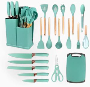Kit Completo de Utensílios de Cozinha em Silicone com 19 Peças – Cabos de Madeira, Concha, Espátula, Colher, Suporte, Faca Antiaderente, Tábua, Tesoura e Faqueiro