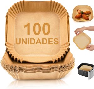 100PCS Papel Antiaderente Descartável para Air Fryer - Forro Protetor Universal 20cm Quadrado, Compatível com Airfryer Cestas e Micro-ondas