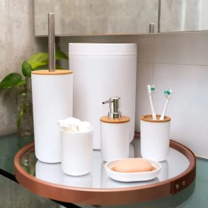Plasvale, Kit Conjunto para Banheiro Bambu 6 Peças, Branco