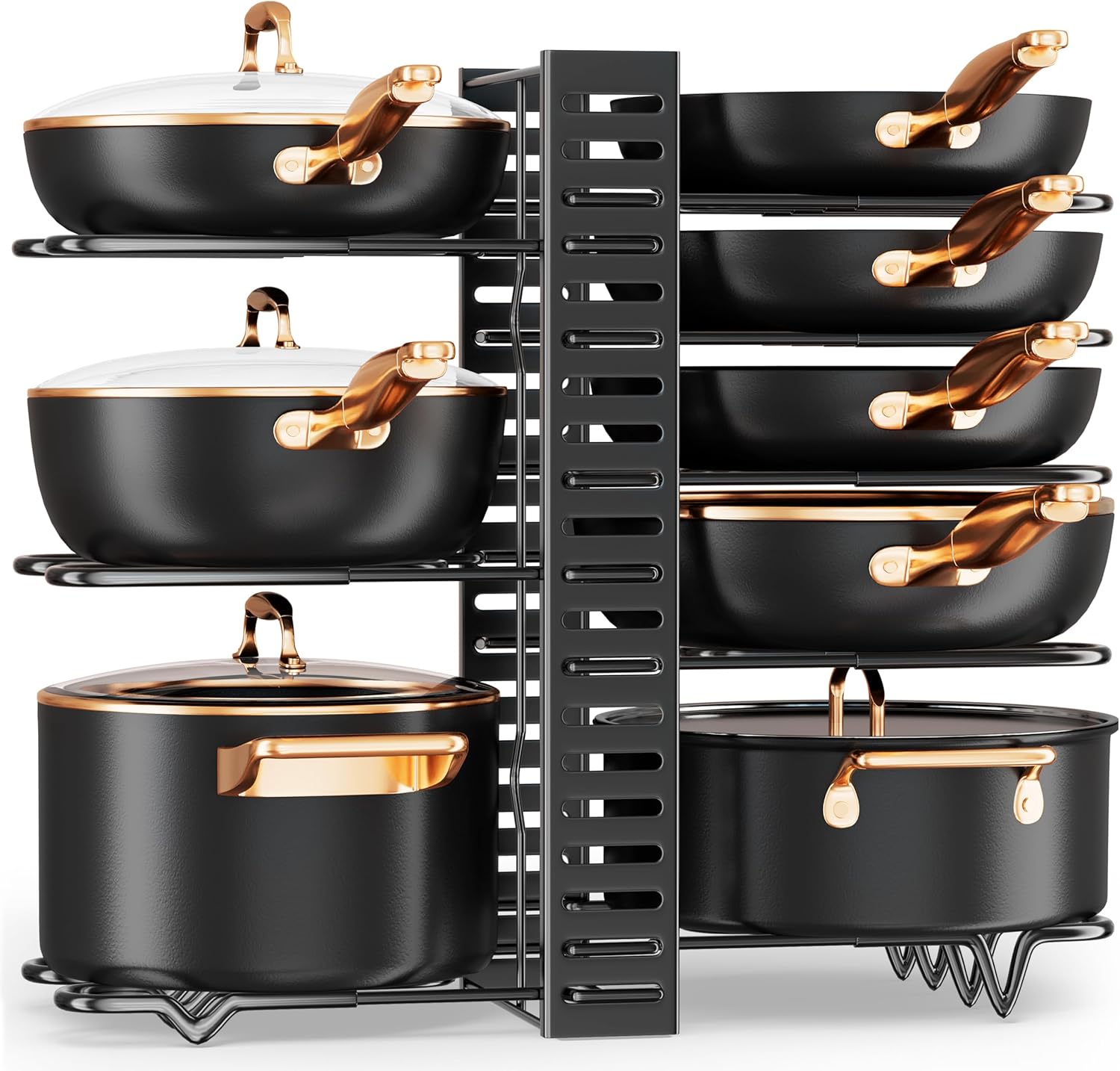 PMYEK Rack organizador de panelas e frigideiras premium – Design ajustável resistente para armazenamento de cozinha e organização de armários