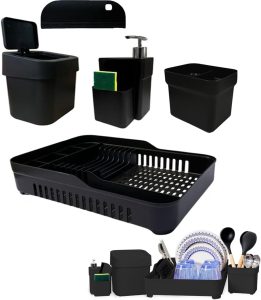 Kit para Pia de Cozinha - Escorredor Prato e Talher, Lixeira, Dispenser, Rodinho e Bucha