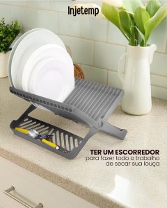 Escorredor de Louça Compacto Dobrável com Porta Talheres Removível - Secador Organizador Antiderrapante 30x32cm Preto - Injetemp